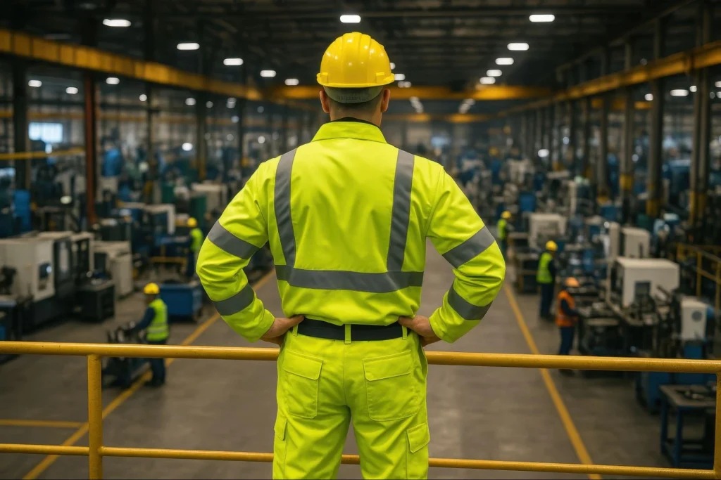 Un ouvrier portant un gilet réfléchissant supervise les opérations dans une usine.