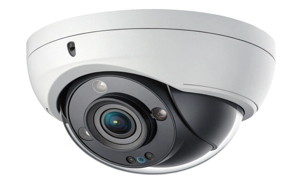 Close-up of a dome security camera used for workplace audio and video surveillance.