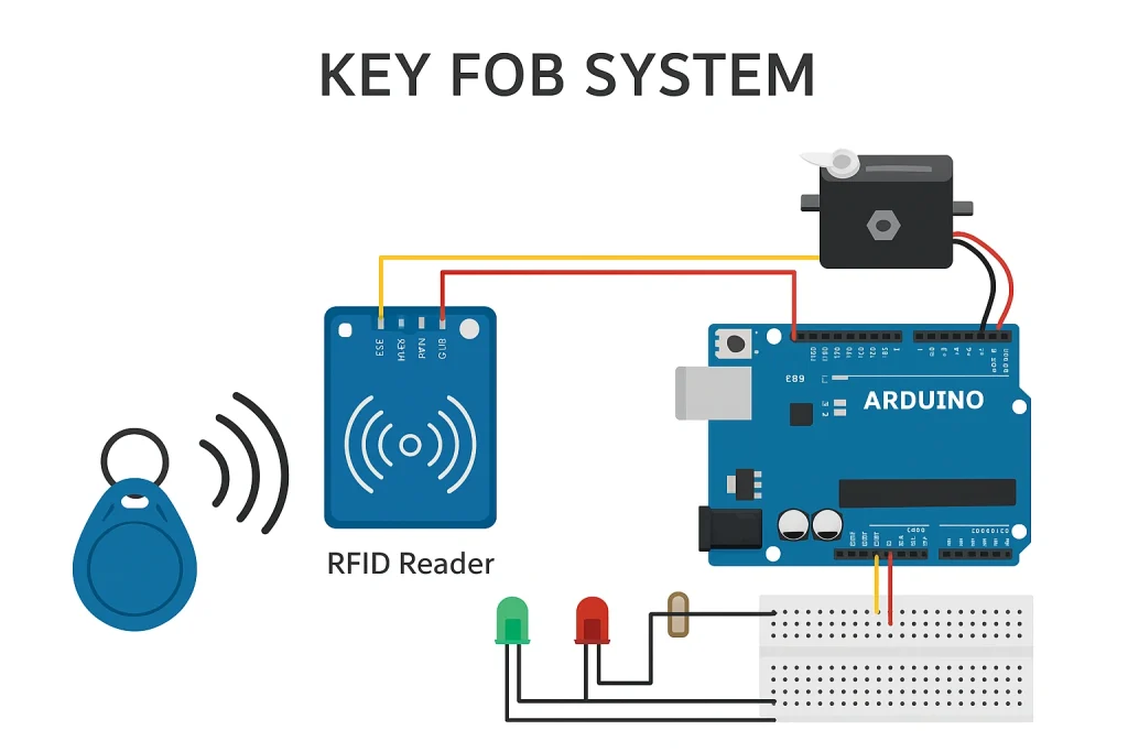 Diagram showing an RFID key fob access system using an Arduino board, reader, LEDs, and wiring.