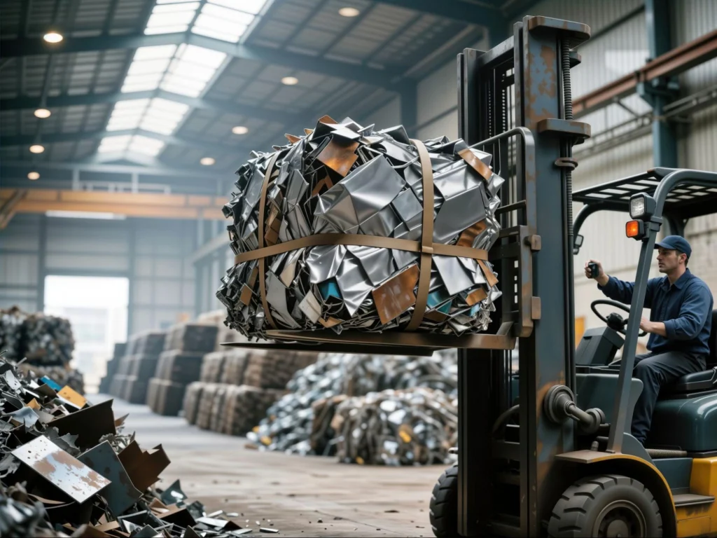 Chariot élévateur soulevant de gros paquets de ferraille dans un parc à ferraille.