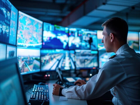 Security operator monitoring multiple screens in a control room for business access management.