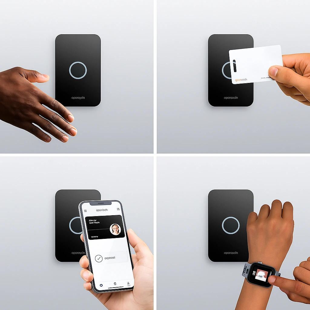 Users accessing doors via smartphone, smartwatch, and key card using Openpath system.