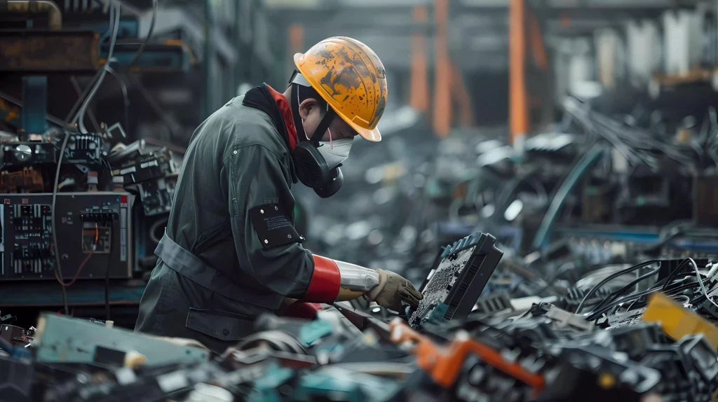 Ouvrier manipulant des déchets électroniques dans un parc à ferraille.