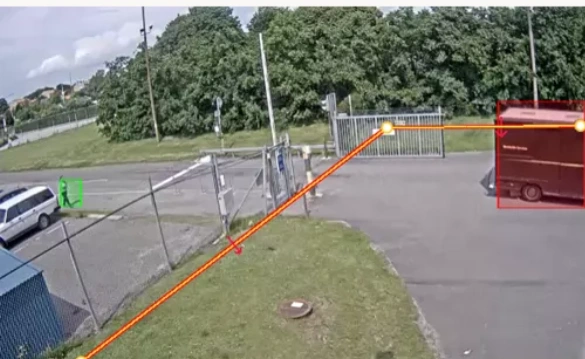 Caméra basée sur l'IA pour suivre les véhicules et les piétons à l'extérieur du concessionnaire.