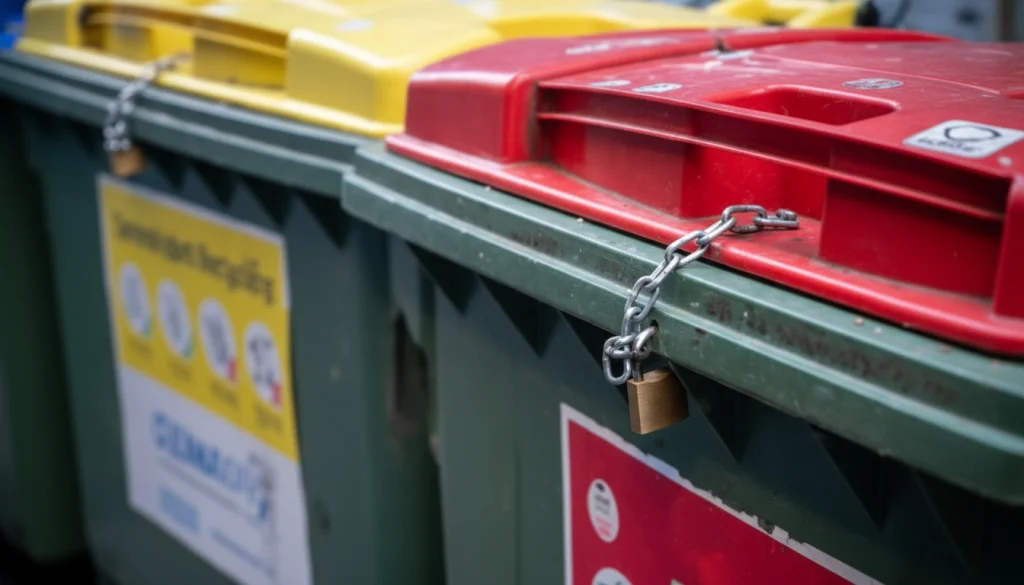 Close-up of locked recycling bins with warning labels.