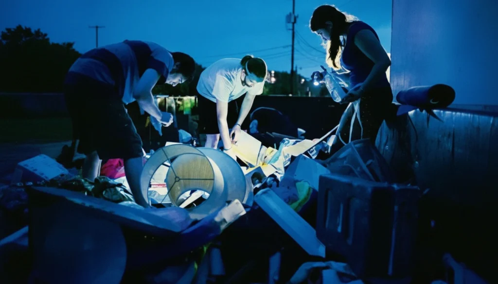Group of people dumpster diving at night using flashlights.