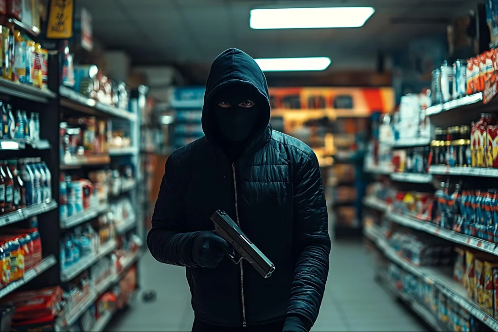 Robber in a store holding a gun during a heist.