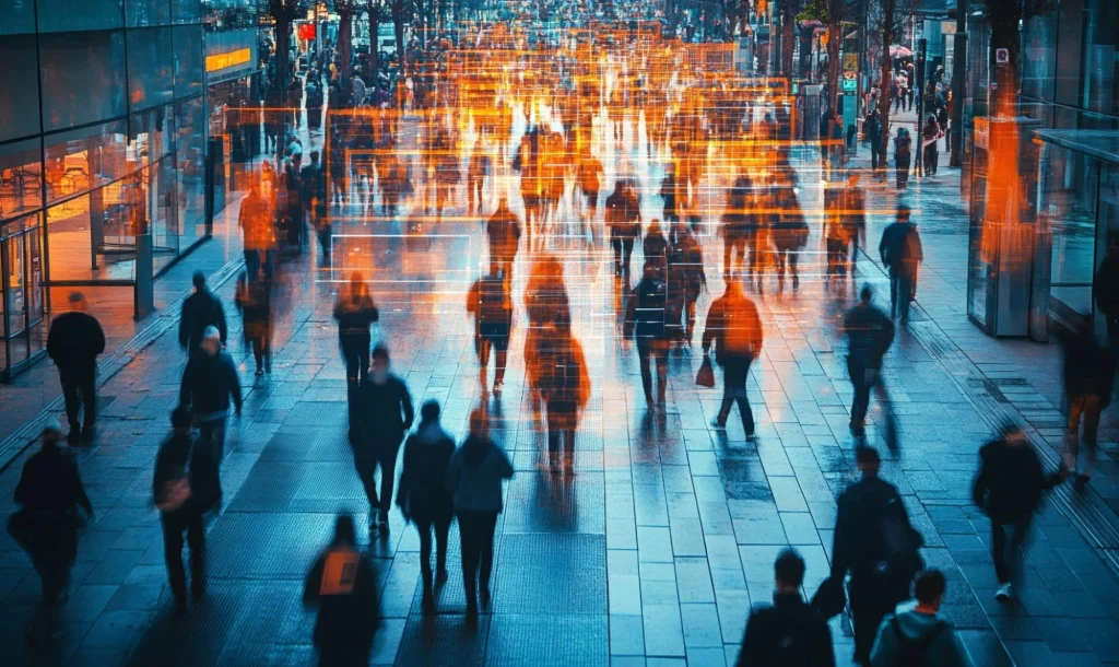 Smart city security system detecting pedestrians through AI.