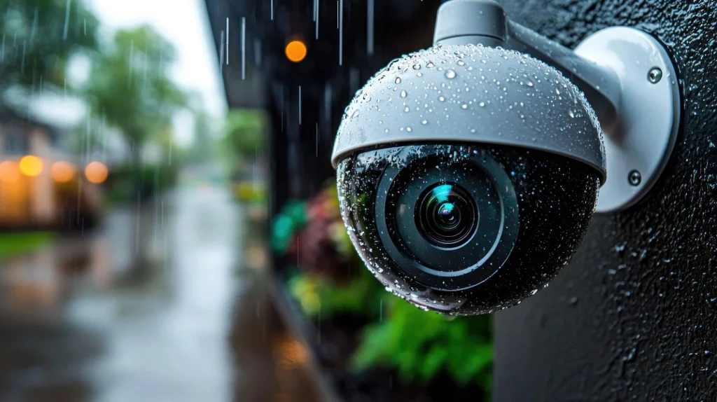 Weatherproof security camera in rainy conditions.