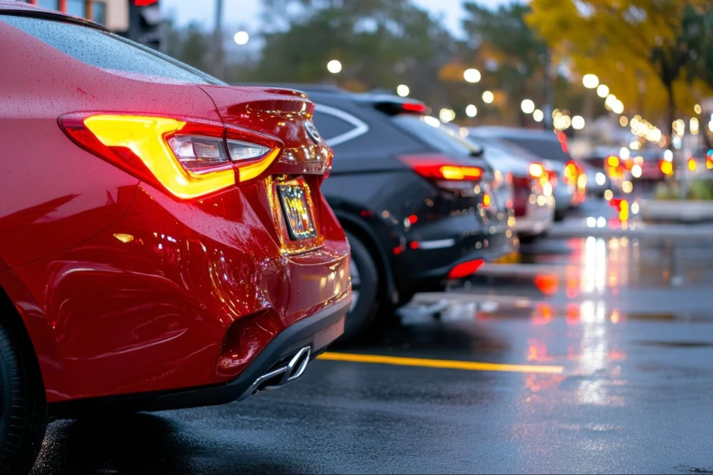 Cars parked in a parking lot at night with wet pavement reflecting lights.