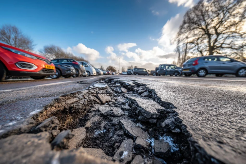 Cracked asphalt in a parking lot, contributing to potential vehicle accidents.