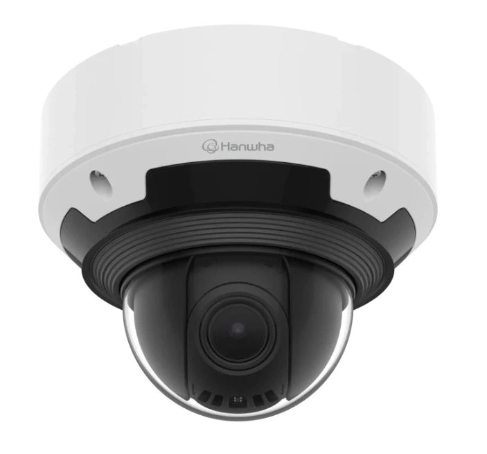 Hanwha surveillance camera with pan-tilt capability for wide coverage.