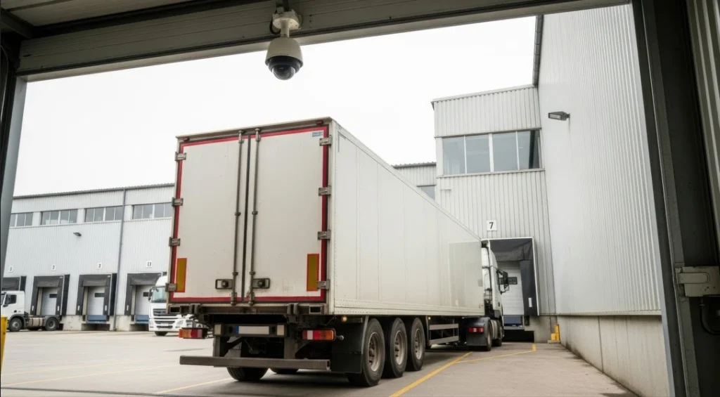 Motion sensor camera monitoring truck entry in a warehouse.