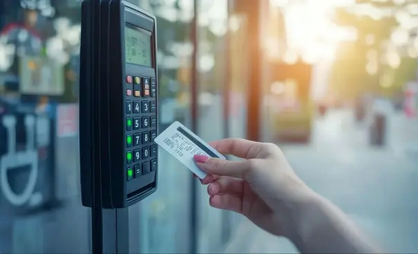 Resident using keycard access control at apartment building entrance