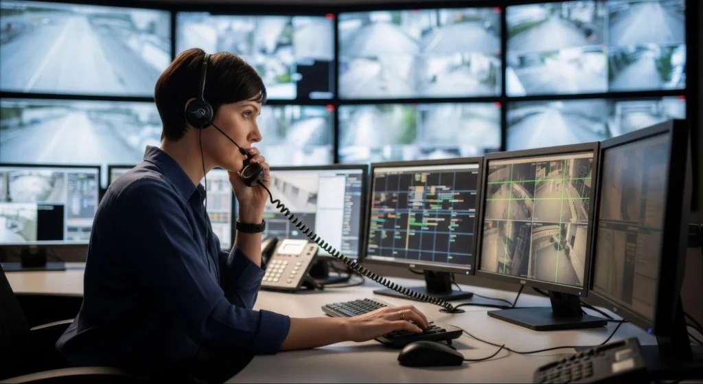 Security guard monitoring multiple security cameras in a control room.