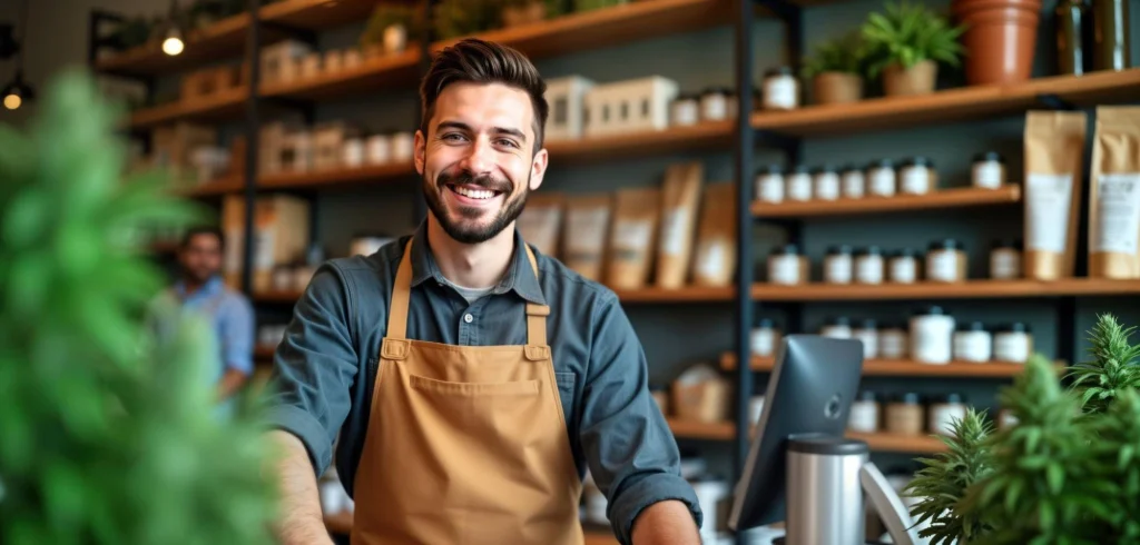 Employé souriant d'un magasin de cannabis devant des caméras de sécurité et des produits.