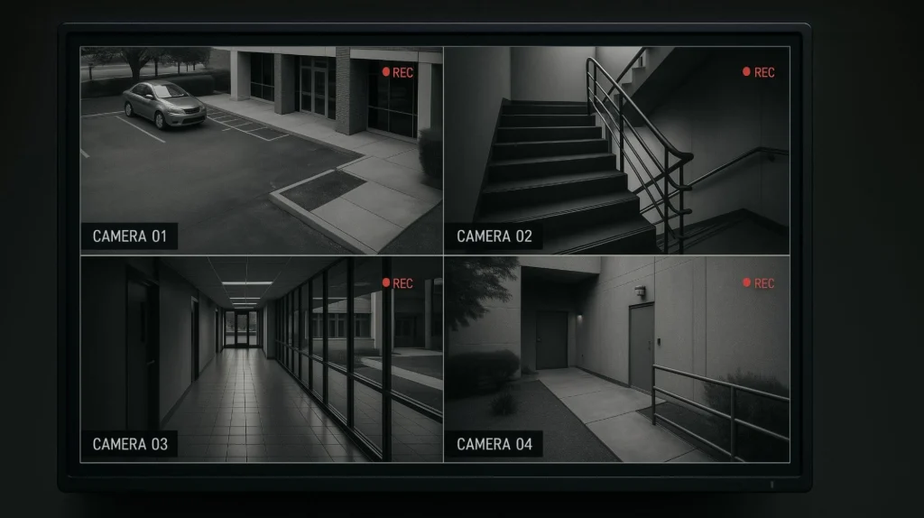 Surveillance camera feed displaying multiple monitored areas.