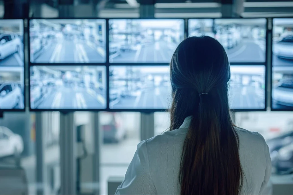 Surveillance operator monitoring multiple security feeds on screens.