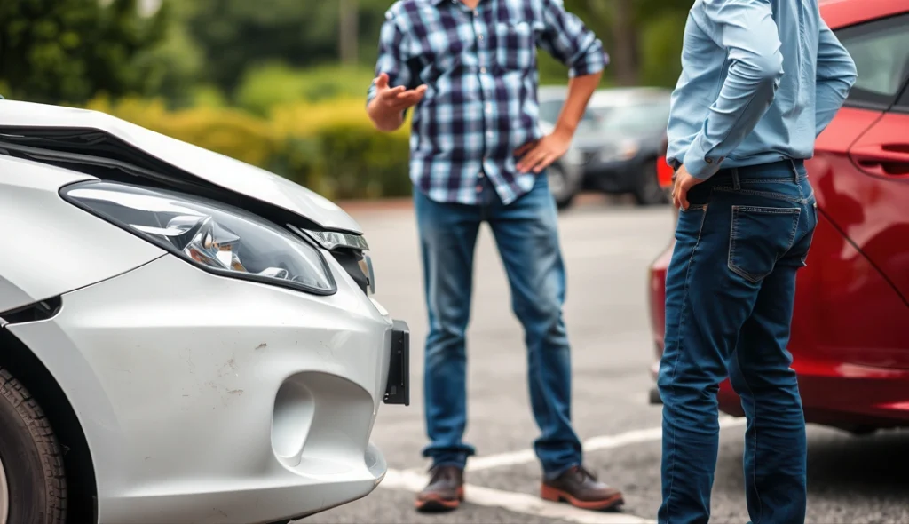 Two people discussing after a car accident in a parking lot.