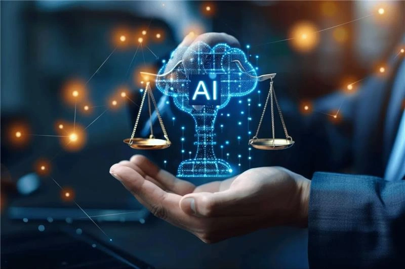 AI and justice scales symbolizing AI in video surveillance management.