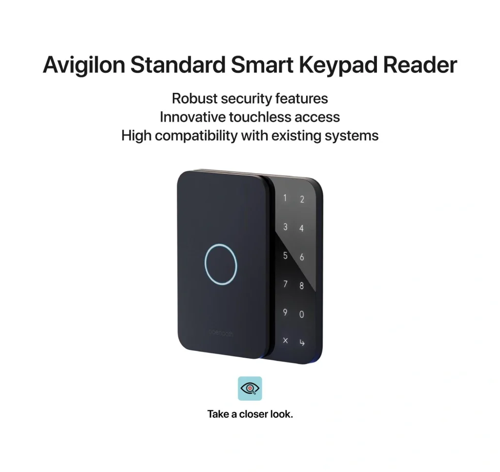 Avigilon smart keypad reader with advanced security features and touchless access.