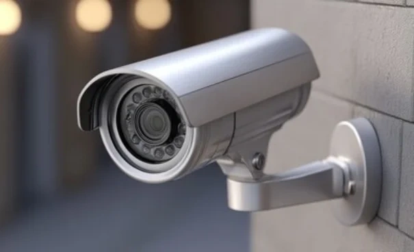 Vue rapprochée d'une caméra de sécurité installée à l'extérieur et surveillant les environs.