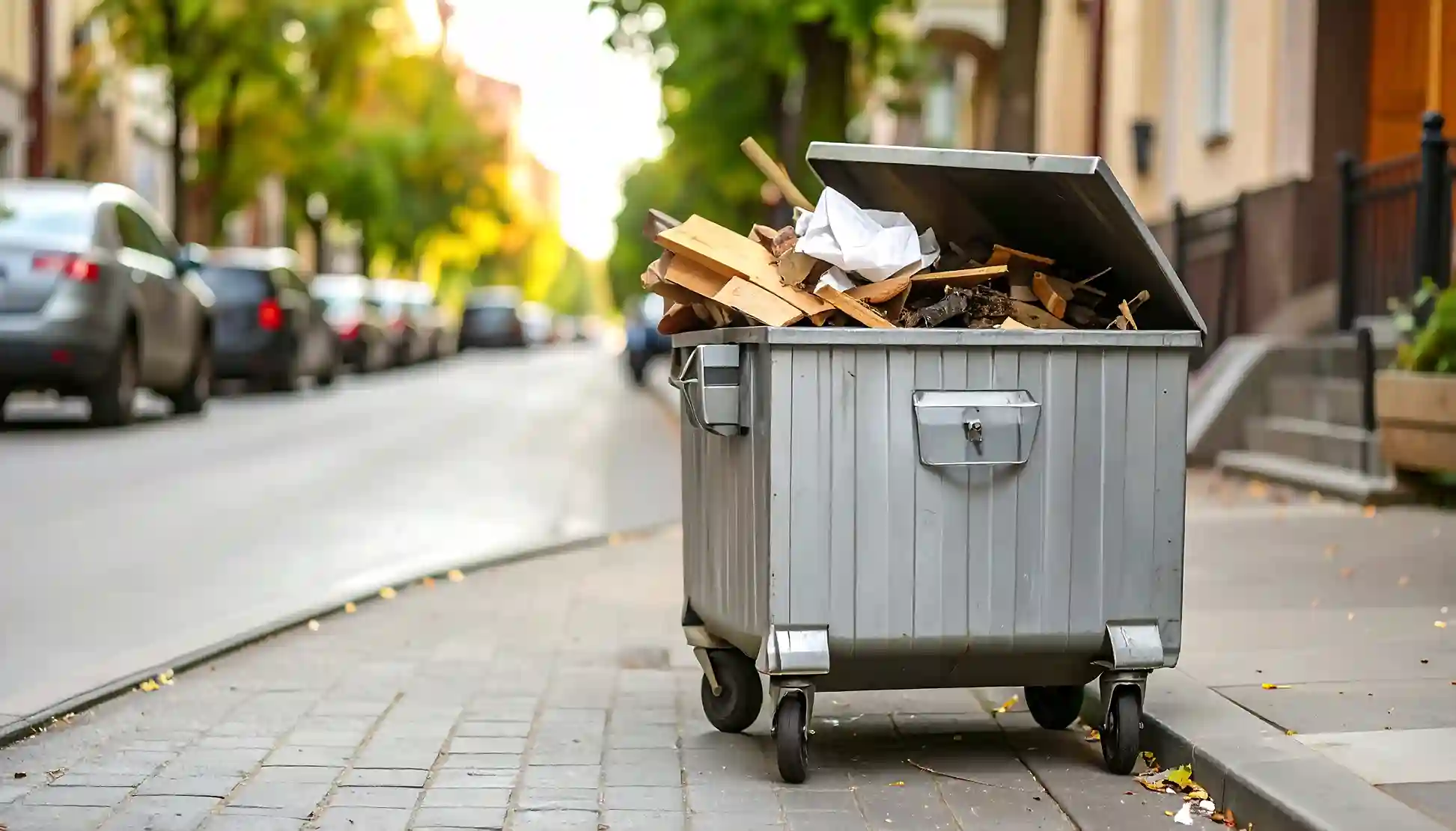Overflowing street dumpster showing waste buildup that requires real-time capacity tracking.