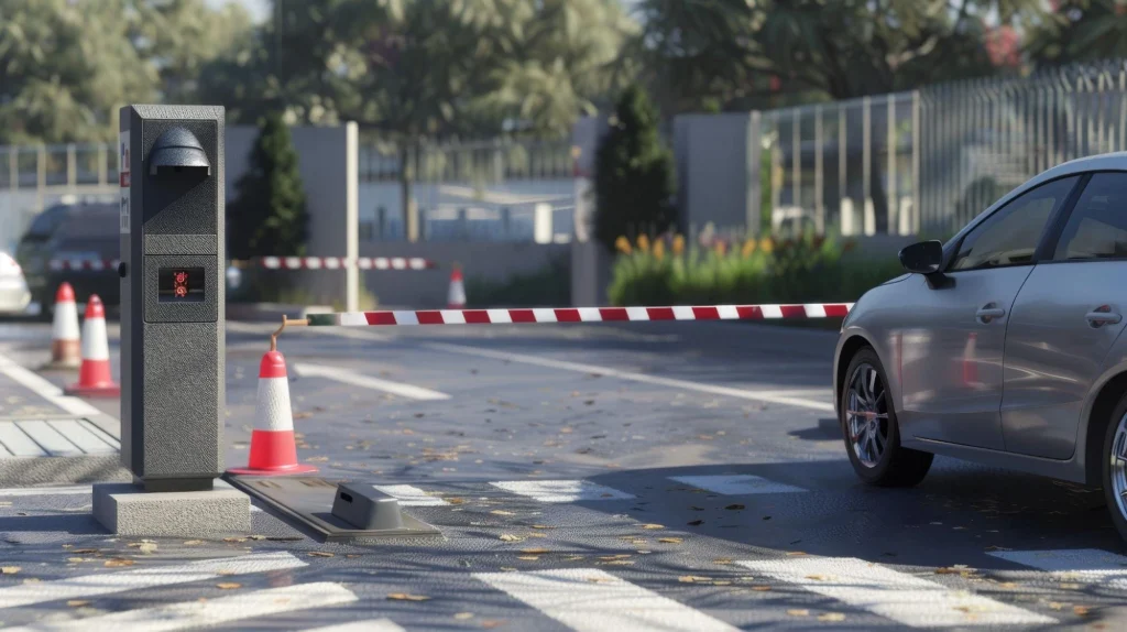 Portail de sécurité avec bras de barrière, permettant l'accès des véhicules sous surveillance.