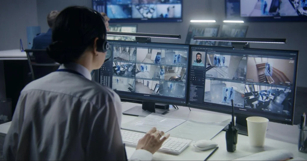 Opérateur de sécurité contrôlant les images en direct de plusieurs caméras à partir d'un poste de contrôle.