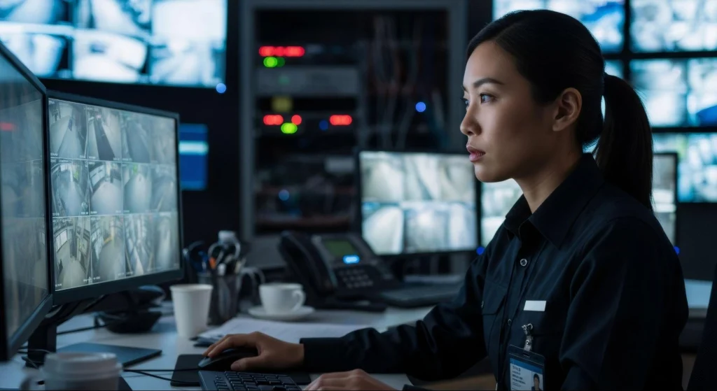 Security operator monitoring surveillance footage on multiple screens.