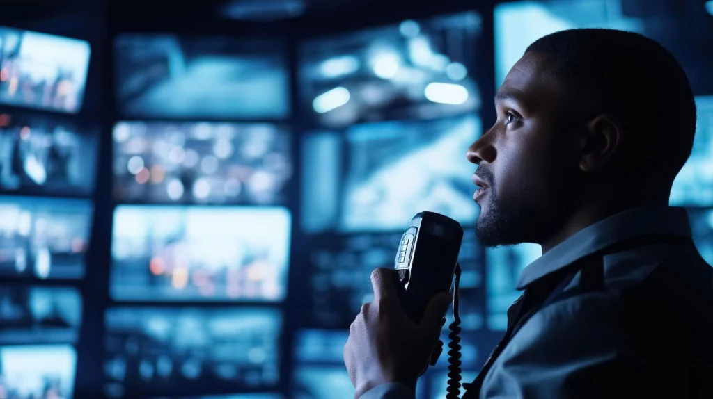 Security professional monitoring multiple video feeds on screens in a control room.