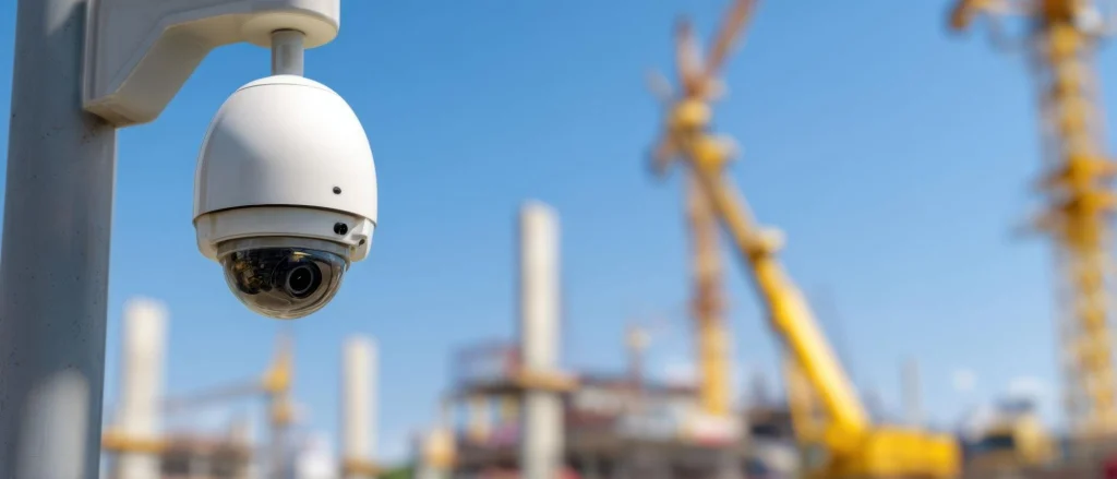 Caméra de surveillance surveillant les activités d'un chantier de construction.