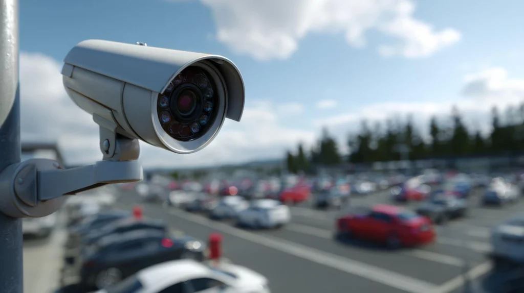 Une caméra de surveillance surveille un parking très fréquenté pour en assurer la sécurité.