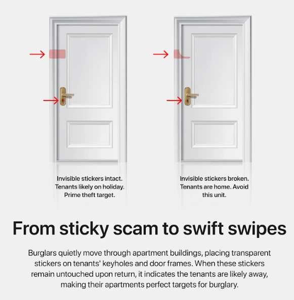 Exemple d'escroquerie à l'autocollant utilisée pour identifier les appartements vacants