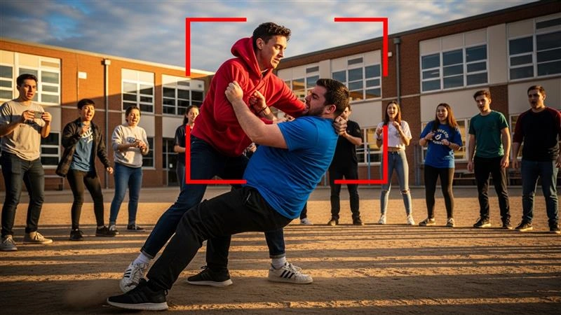 Une bagarre dans la cour d'école détectée par un système de surveillance par IA pour le contrôle de la sécurité sur le campus.